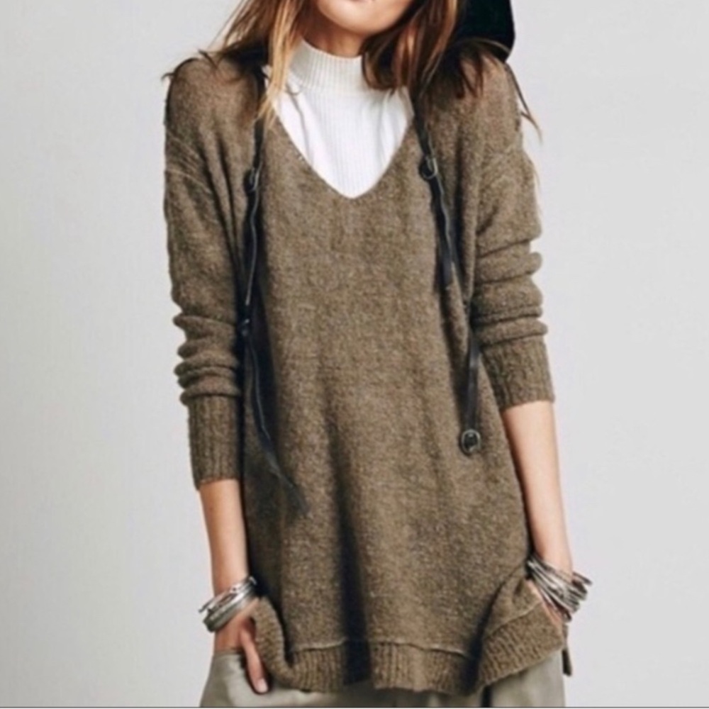 Free People Alpaca Wool Sudan Oversized Slouchy V-neck Casual Boho Sweater S/P